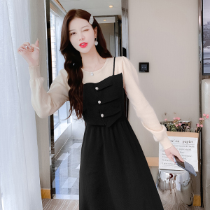 KM30437#新款韩版撞色拼接显瘦假两件套针织连衣裙加厚打底裙