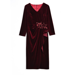 RM3263#酒红丝绒连衣裙女长袖2023新款高端名媛气质喜婆婆婚宴装旗袍