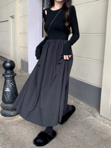 KM28157#大码2022秋季黑色新款设计感收腰显瘦法式气质女神范连衣裙