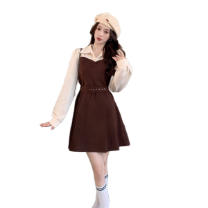 KM28099#新款韩版气质撞色翻领假两件收腰连衣裙