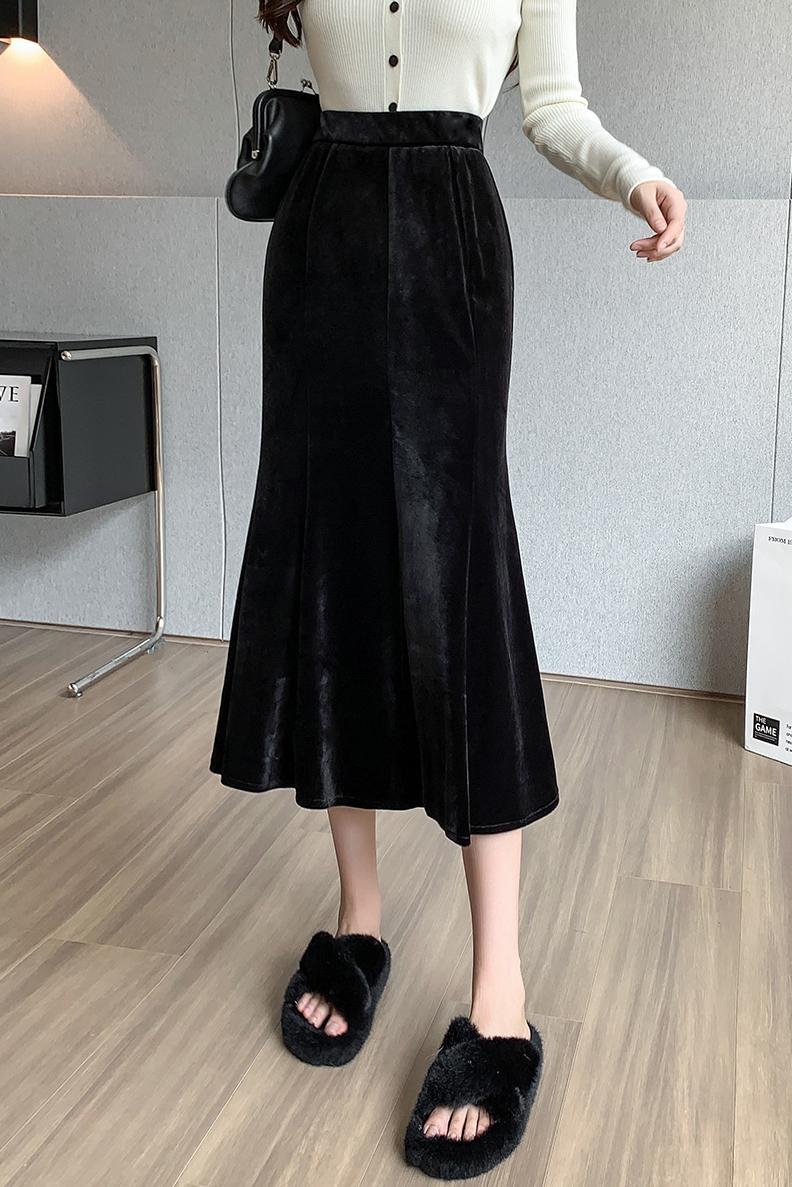 實拍半身裙2025秋冬簡約絲絨裙氣質魚尾裙中長黑色顯瘦裙子包臀裙