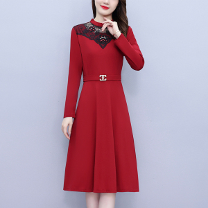 KM25861#大码女装胖mm黑色红色长袖收腰显瘦连衣裙外穿时尚洋气