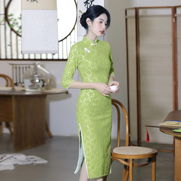 RM1520#旗袍复古风日常长款年轻款少女小个子气质修身改良绿色旗袍连衣裙