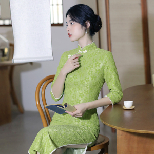 RM1520#旗袍复古风日常长款年轻款少女小个子气质修身改良绿色旗袍连衣裙