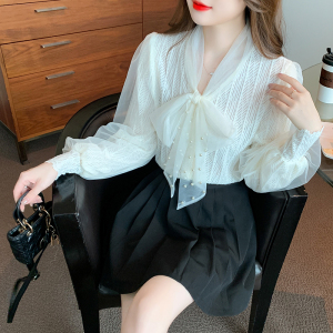 RM632#时尚百搭法式加厚网纱蝴蝶结蕾丝长袖衬衫