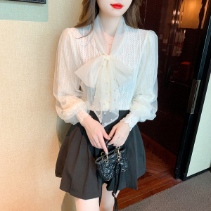 RM632#时尚百搭法式加厚网纱蝴蝶结蕾丝长袖衬衫