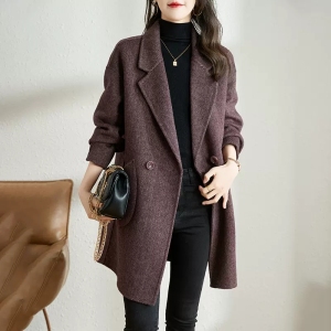 RM1947#粉色韩版气质加厚呢子大衣 新款洋气高端人字纹外套女中长