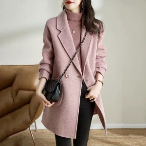 RM1947#粉色韩版气质加厚呢子大衣 新款洋气高端人字纹外套女中长