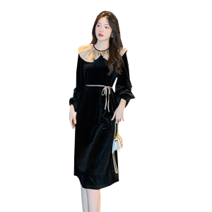 RM23708#新款贵族优雅荷叶领高腰系带中长款丝绒连衣裙