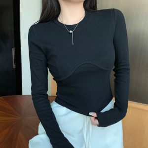 RM3018#新款设计感特色胸型长袖T恤女修身短款露脐上衣