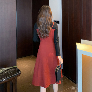 PS59037# 法式红色收腰假两件连衣裙女秋新款时尚中长款 服装批发女装服饰货源