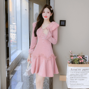 PS63283# 秋季新款女洋气短款V领连衣裙粉色甜美气质修身裙子 服装批发女装服饰货源