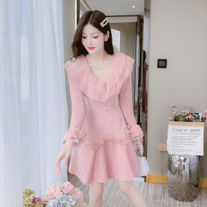 PS63283# 秋季新款女洋气短款V领连衣裙粉色甜美气质修身裙子 服装批发女装服饰货源
