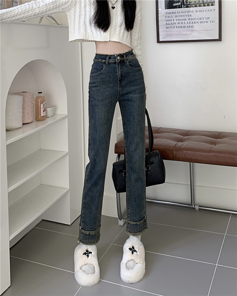 Real shot and real price new style raw edge splicing design high waist slim straight leg nine-point jeans