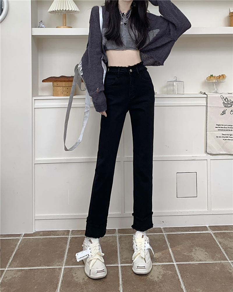 Real shot and real price new style raw edge splicing design high waist slim straight leg nine-point jeans