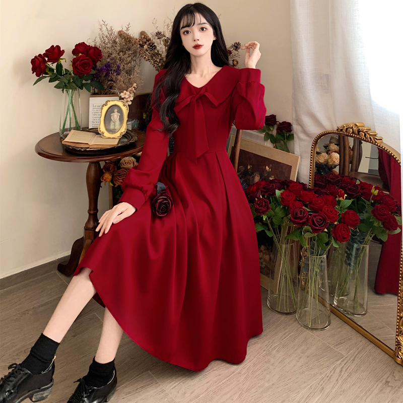Plus size women's French age-reducing doll collar red dress women's spring and autumn Hepburn style toast dress long skirt