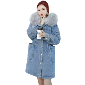 PS68635# 冬季新款韩版宽松中长款大毛领棉衣女加绒加厚牛仔外套 服装批发女装直播货源