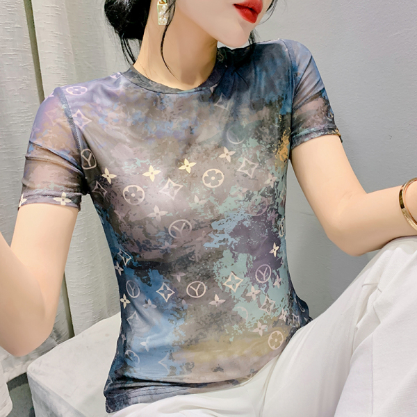 KM27607#夏季新款时尚潮流撞色印花设计女网纱圆领短袖T恤