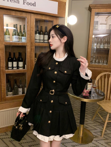 KM26280#大码女装秋季新款设计感小众黑色法式长袖收腰假两件连衣裙