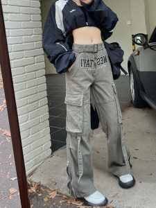 KM29454#美式嘻哈工装裤女秋季设计感拉链高腰直筒休闲裤宽松阔腿裤