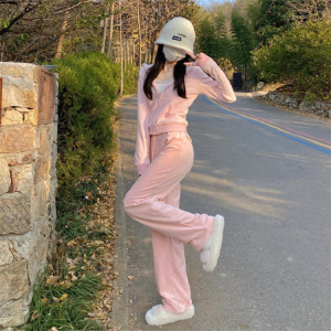 PS66873# 粉色减龄卫衣女套装小个子时尚显瘦休闲运动两件套春秋洋气炸街潮 服饰批发