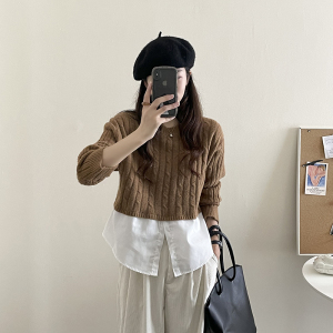 PS57851# 秋冬季韩版新款宽松慵懒风拼接衬衣假两件麻花针织衫毛衣