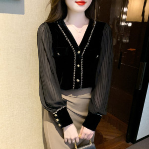 PS65417# 冬新款法式v领灯笼袖拼接丝绒上衣女设计感小众百搭衬衫