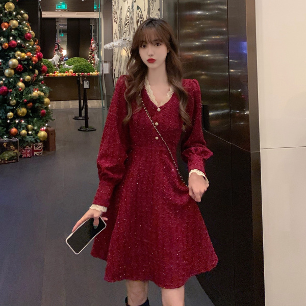 KM26282#大码女装圣诞新年红色连衣裙女胖mm新款加厚洋气高级感A字裙