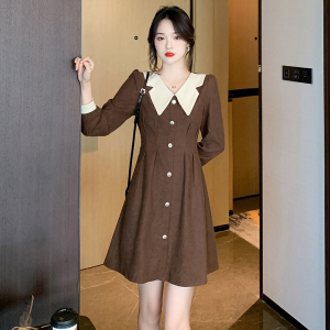 RM21996#新款拼接磨毛娃娃领修身甜美气质连衣裙