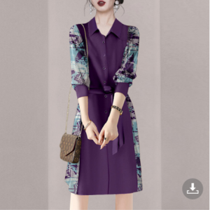 KM26371#轻熟风拼接连衣裙女士秋装新款紫色收腰显瘦长袖衬衫裙子