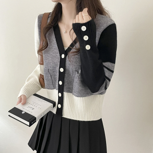 PS57852# 韩版V领撞色学院风百搭减龄复古宽松针织外套毛衣开衫