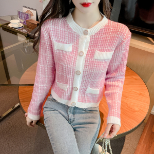 KM27030#法式粉色长袖针织开衫女秋装新款2022甜美减龄短款吊带两件套小衫