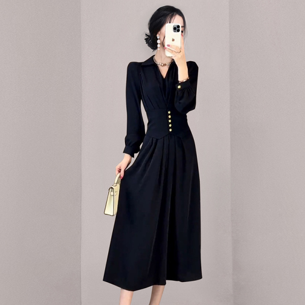 RM4477#冷淡系女装高级感气质名媛别致绝美收腰长袖黑色连衣裙子