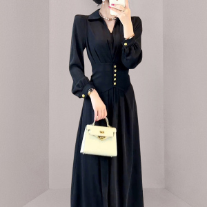 RM4477#冷淡系女装高级感气质名媛别致绝美收腰长袖黑色连衣裙子