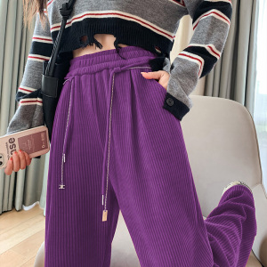 KM26087#紫色欧棉绒高腰链条雪尼尔灯芯绒加厚垂感阔腿裤休闲直筒裤