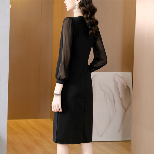 KM26518#连衣裙收腰法式长袖高端名媛气质黑色裙子包臀裙