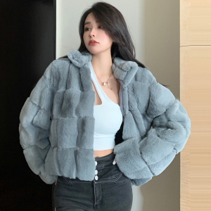 Real time temperament celebrity Rex rabbit fur coat Autumn and winter 2022 Korean version loose furry imitation fur zipp