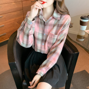 KM27056#粉色格子衬衫女设计感小众韩版宽松慵懒外搭长袖衬衣