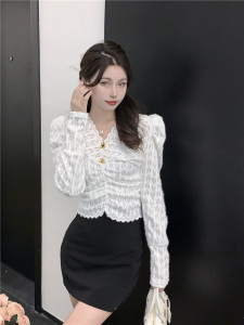 PS68874# 韩版设计感时尚气质V领泡泡袖提花蕾丝上衣 服装批发女装直播货源