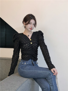 PS68874# 韩版设计感时尚气质V领泡泡袖提花蕾丝上衣 服装批发女装直播货源