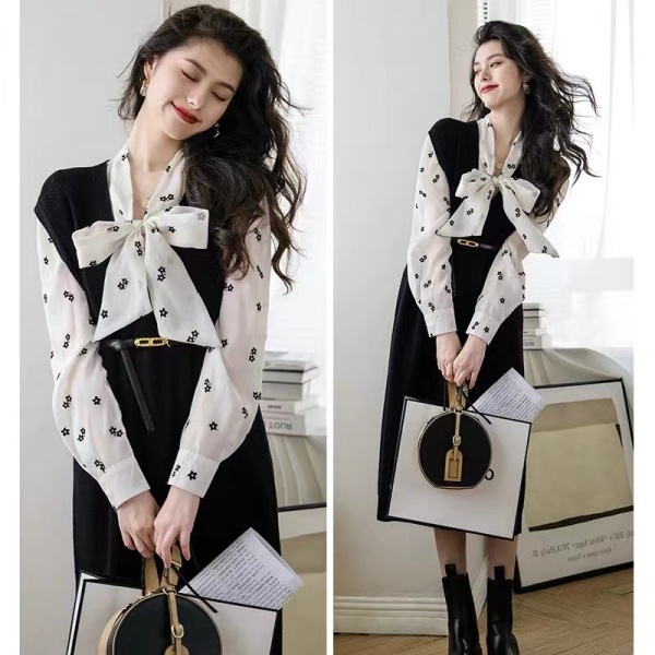 KM29975#新款高级感法式仙女复古赫本风针织背带连衣裙子两件套装