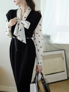 KM29975#新款高级感法式仙女复古赫本风针织背带连衣裙子两件套装