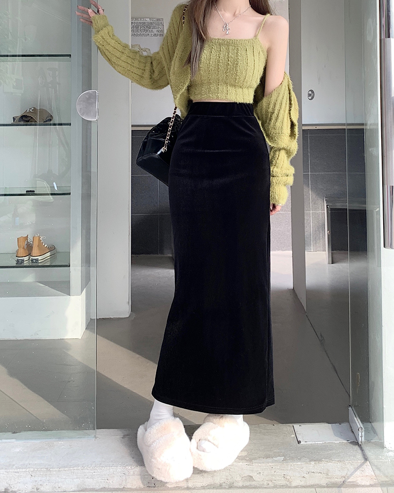 Gold Velvet Skirt Women's High Waist Slim Slim Hip Skirt Medium Length Skirt Regular/Extended Version