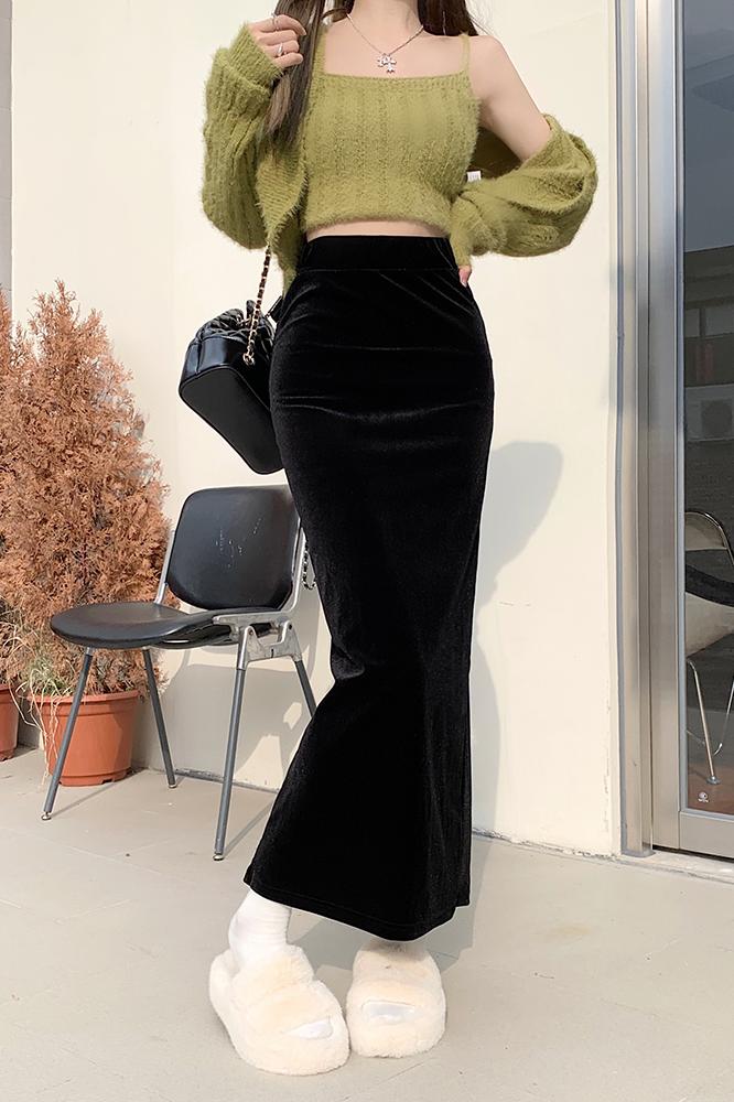 Gold Velvet Skirt Women's High Waist Slim Slim Hip Skirt Medium Length Skirt Regular/Extended Version