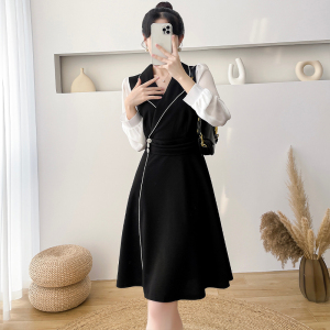 KM26645#西装小黑裙气质假两件拼接雪纺时尚连衣裙