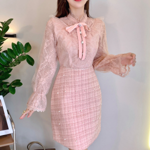 PS63828# 秋季新款粉色蕾丝小香风气质款连衣裙 服装批发女装服饰货源