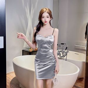Slim and low cut sexy suspender wrap buttocks dress
