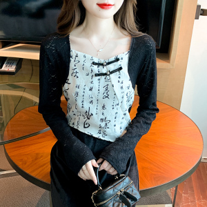 RM23944#秋季新款中国风衬衫蕾丝拼接方领小衫盘扣上衣女