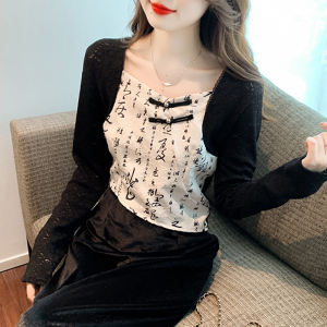 RM23944#秋季新款中国风衬衫蕾丝拼接方领小衫盘扣上衣女