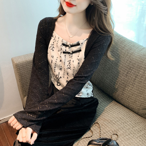 RM23944#秋季新款中国风衬衫蕾丝拼接方领小衫盘扣上衣女